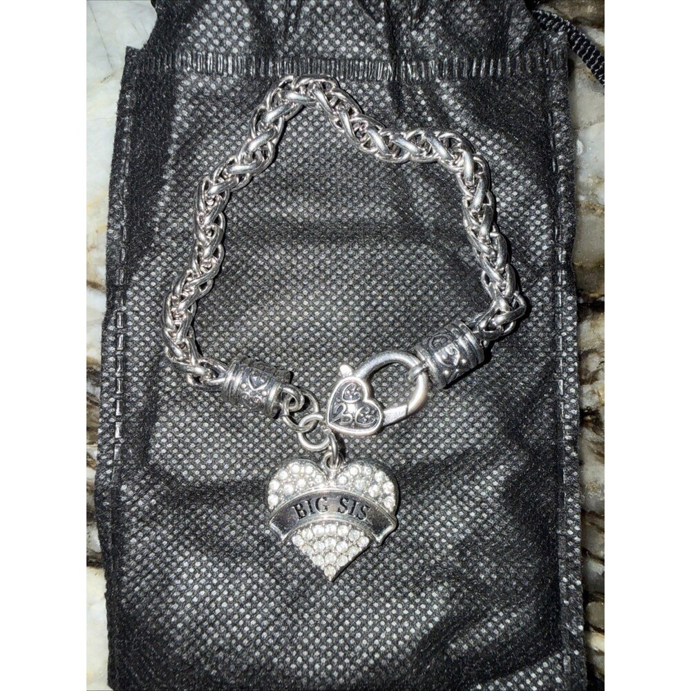 Silver Tone Big Sis Pave Heart Charm Braided Bracelet